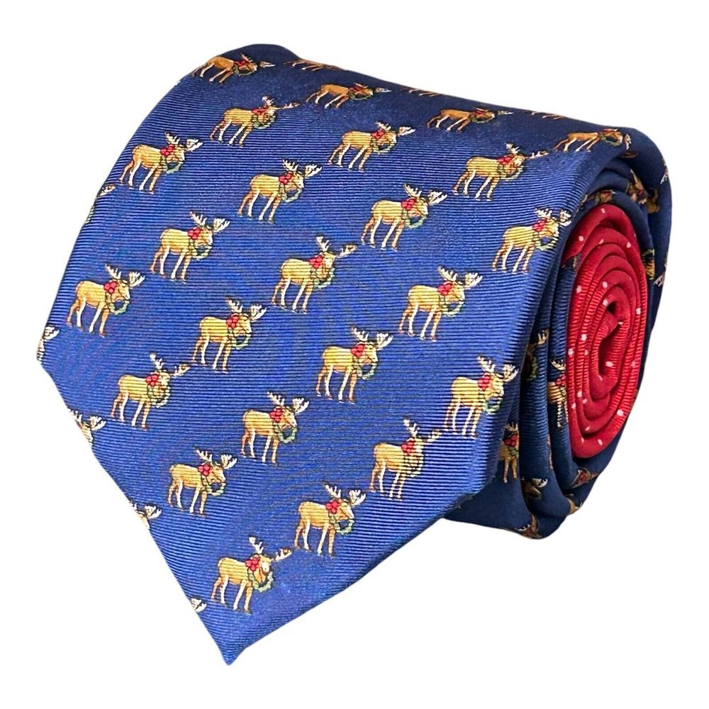 Tommy Hilfiger Blue Christmas Lights Moose Polka Dot Tail Silk Classic Tie 58"